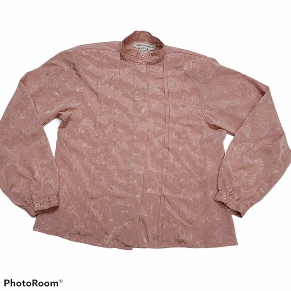 Pink Paisley Blouse Collar Pleated Long Sleeve Vintage Executive Focus READ - Picture 1 of 16